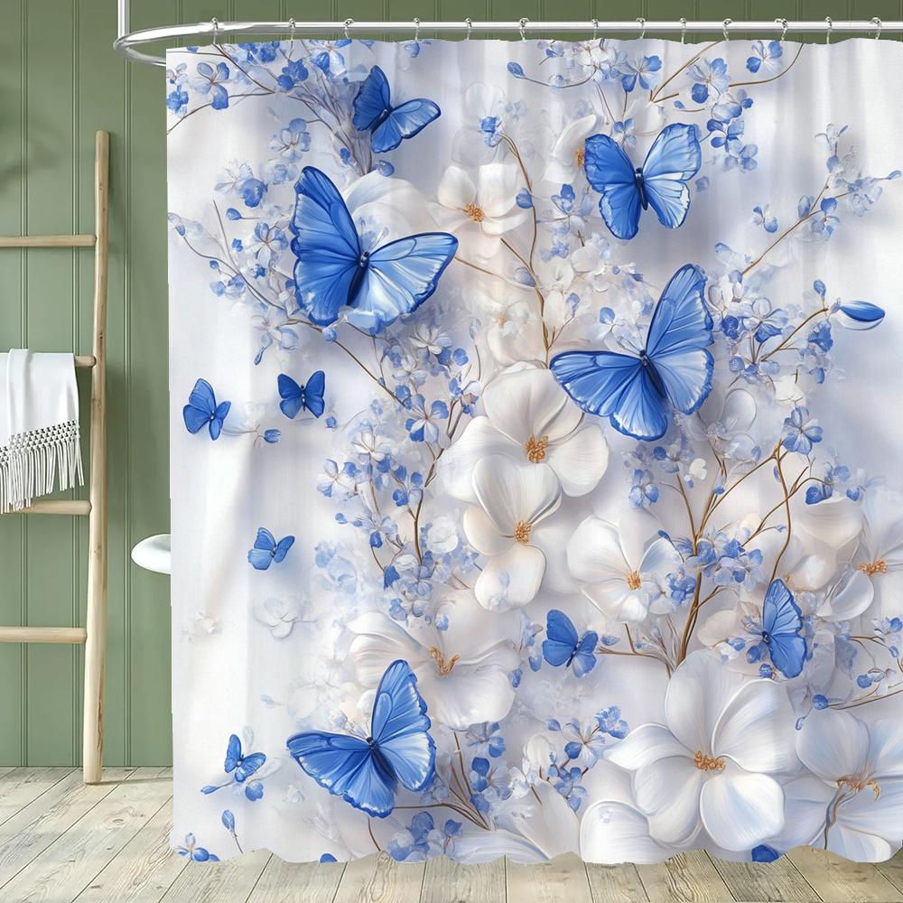 Blue Flowers and Butterflies Shower Curtain Bath Curtain Printed Polyester Floral Bathroom Curtains for Home Decoration Curtain