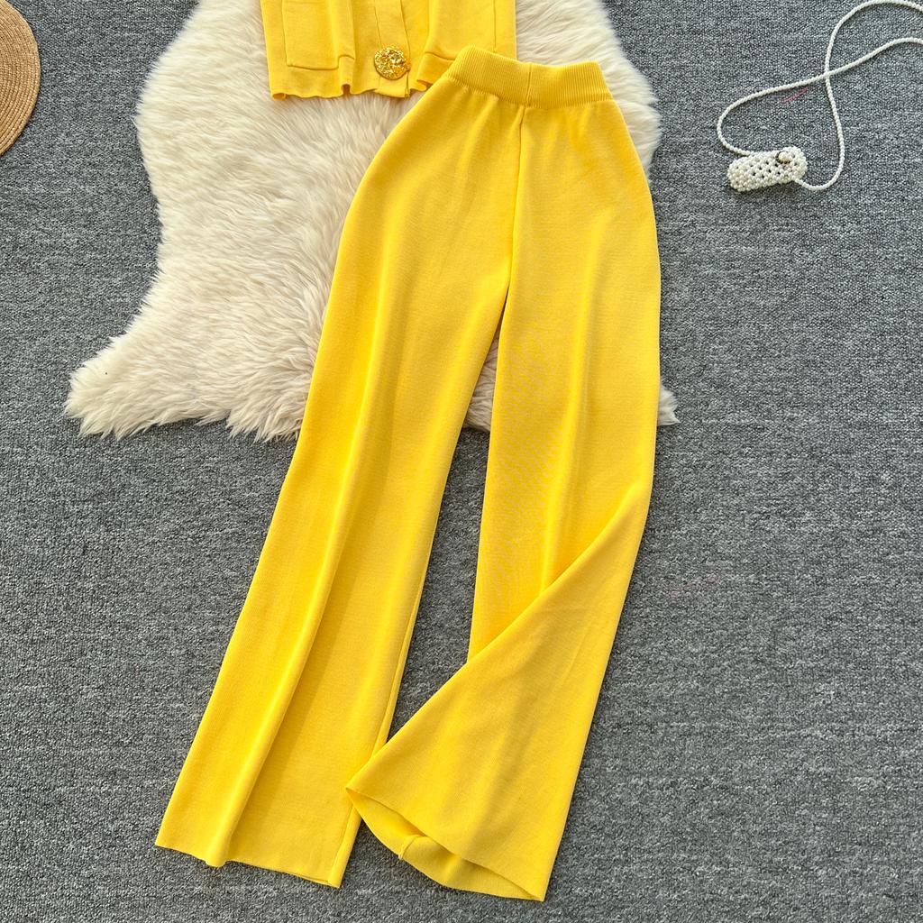Summer Women Knitted Sweater Tracksuit Sleeveless Big Gold Button Tank Vest Tops and Wide Leg Pant Two Piece Set