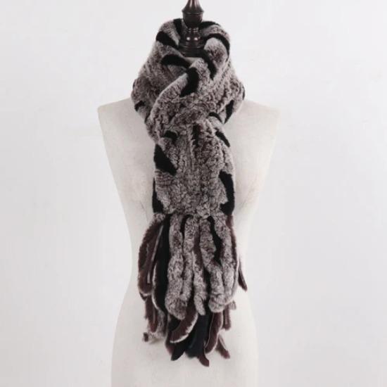 New Lady Knitted Real Rex Rabbit Fur Tassel Scarves Women Winter Warm Natural Rex Rabbit Fur Muffler Thick Knit Real Fur Scarf