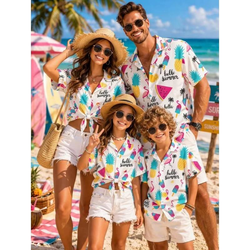 Summer Men's Family Wear Beach Hawaiian Shirt Tropical Summer Style Sandcastle Palm Tree Print Shirt Vacation Gift Child T-Shirt