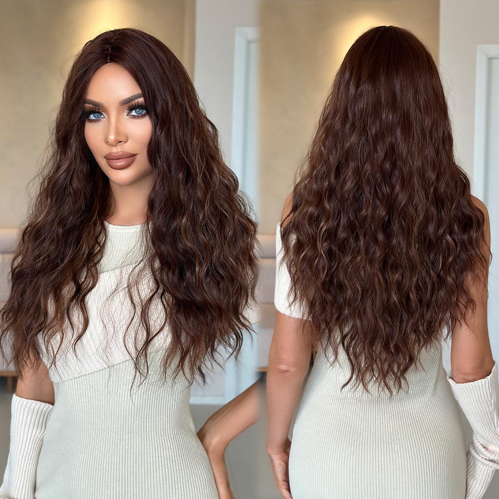 Honey Brown Big Waves Long Wig for Women - Middle Part Realistic Full Cap, Heat Style Trim Ready, Natural Quick Beauty Wig