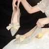 High Heels,Thick Heels, Wedding Shoes, Women's Bow, Bridal Shoes, Xiuhe Wedding Dress, Two Pairs of Crystal French Women's Shoes