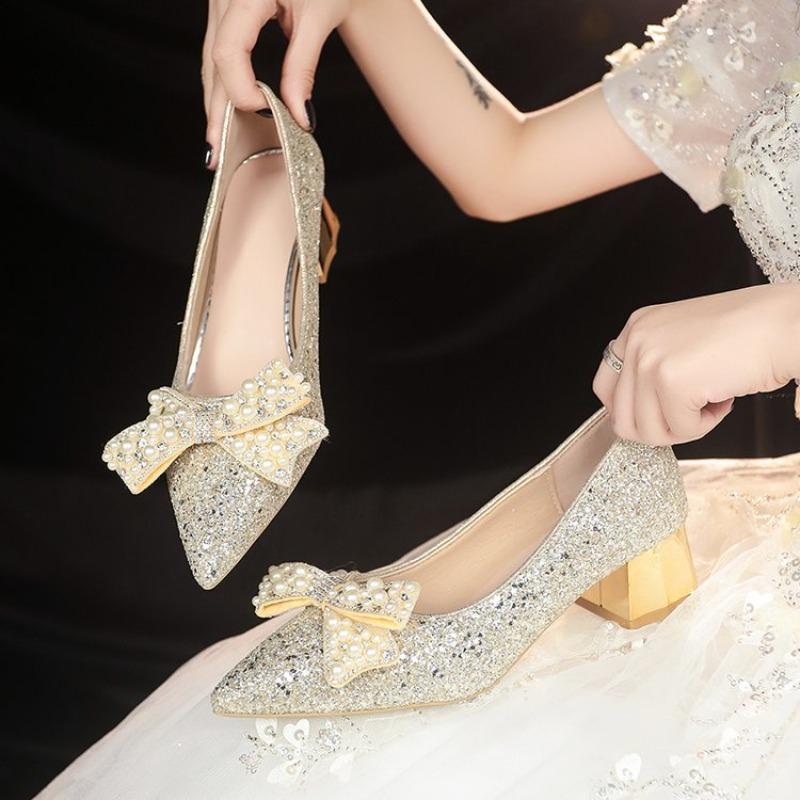 High Heels,Thick Heels, Wedding Shoes, Women's Bow, Bridal Shoes, Xiuhe Wedding Dress, Two Pairs of Crystal French Women's Shoes