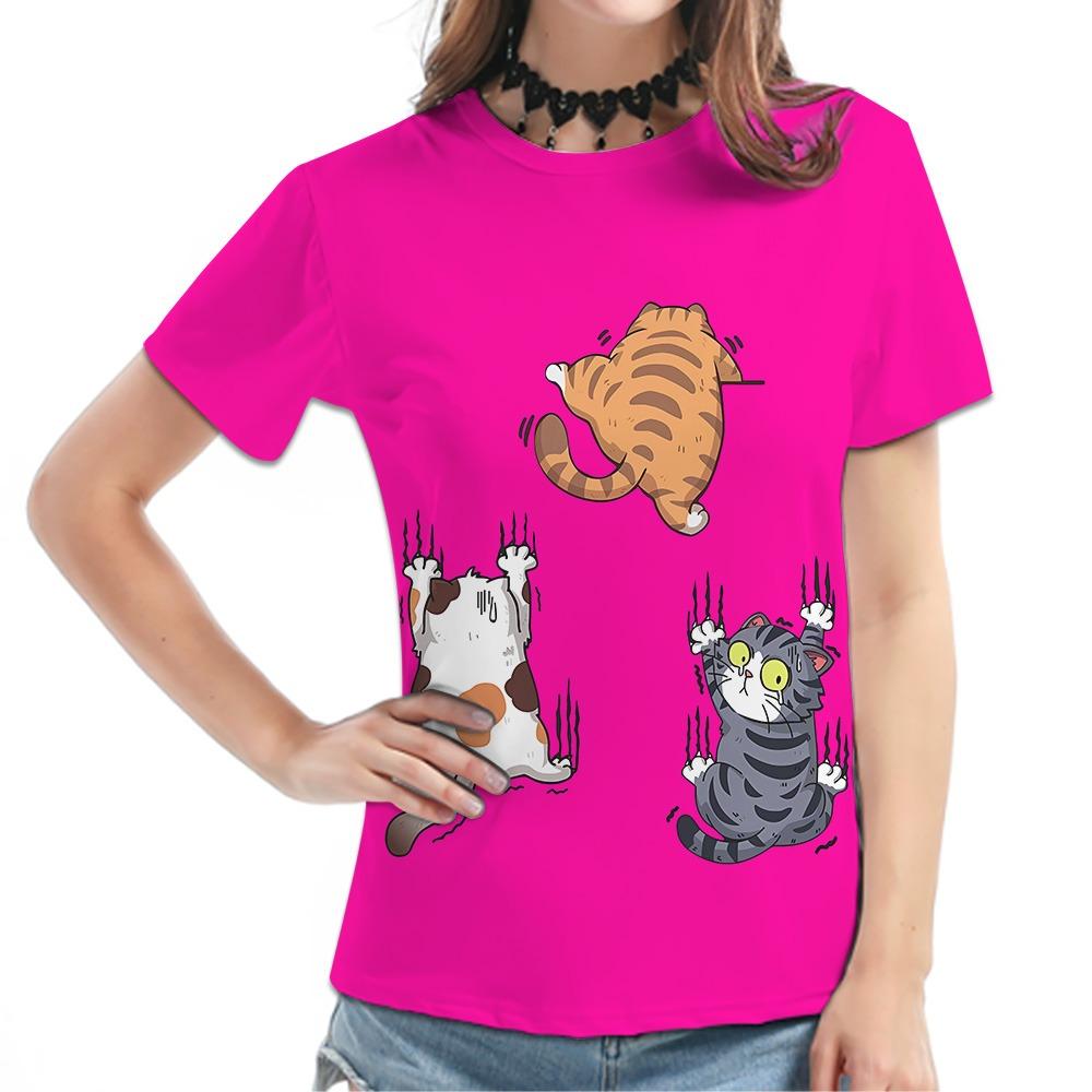 

Women s Beige Short-Sleeve Tee - Playful Cartoon Cat Graphic Print, Cute Animal Design Casual Top, Stylish Daily Wear S