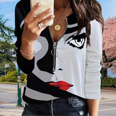 Women Autumn Face Recognition Printed Long Sleeve T-Shirts Loose V-Neck Plus Size Tee Shirt Tops Comfy Blouse