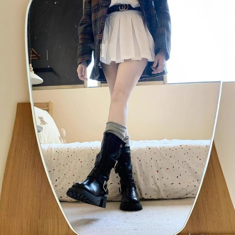 

Platform British style boots women s 2025 autumn and winter new belt buckle mid boots rear zipper Martin boots long boots 40 чёрный