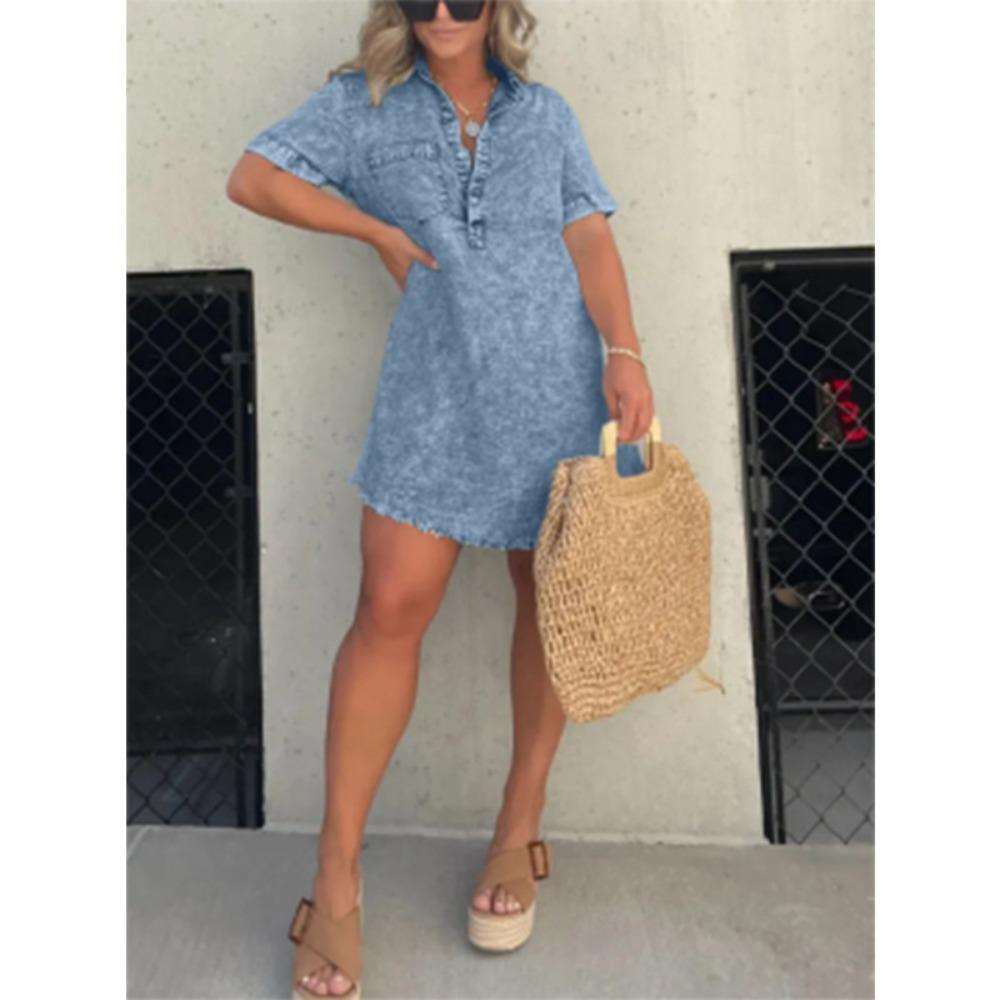 Damen Spitzkragen Kurzarm Mini Hemdkleid Lockerer Schnitt Ohne Taille Streetwear Einfarbig Ausgefranster Saum Gewaschenes Jeanskleid Sommer Lässig Jeanshemdkleid