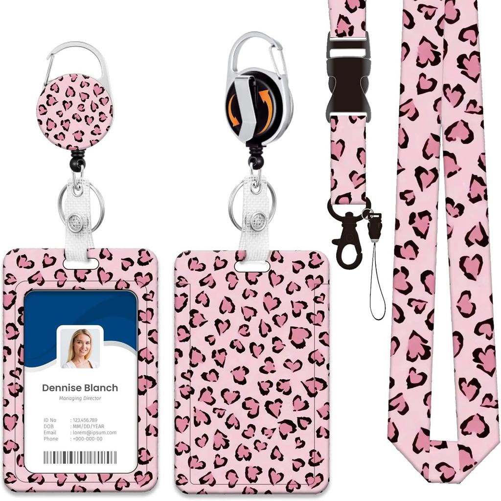 Leopard Print ID Badge Holder with Lanyard Retractable Badge Reel Belt Keychain Lanyards Clip Vertical ID Card Cover Sleeve Case