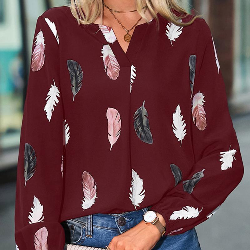 YYFS Women's Fashion Casual Fall Winter Feather Print Long Sleeve V-Neck Blouses & Shirts