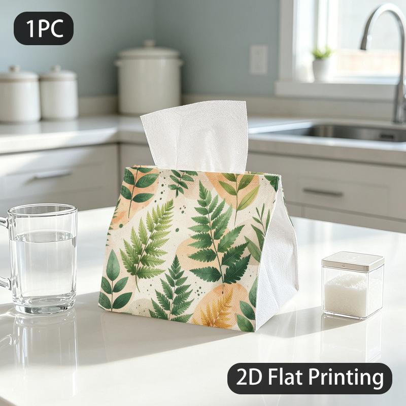 1pc Botanical Fern Tissue Box Holder - Watercolor Fern Suitable, Dining Room, Office & Decor, Flat Tissue Paper Holder with Fern Pattern, Polyester Fo