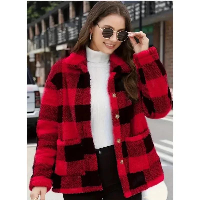 

Женские куртки клетчатый толстый плюшевый кардиган с карманами на пуговицах куртка осень-зима однобортный пиджак с лацканами модная верхняя одежда XXL красный