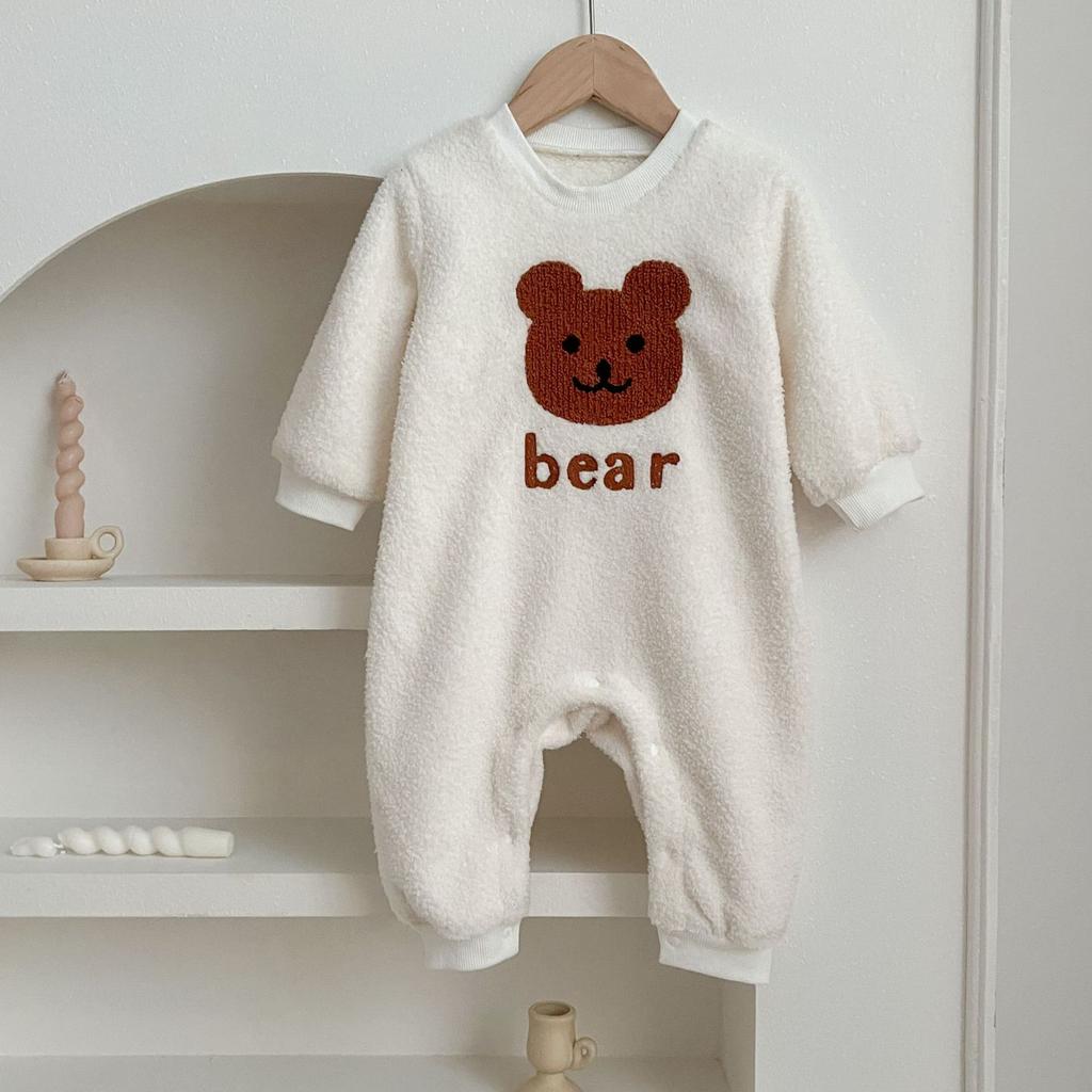 Baby Girls and Boys Cartoon Bear Conjoined Khaki Bunny Plus Velvet Super Cute Warm Long Climbing Suit Winter.