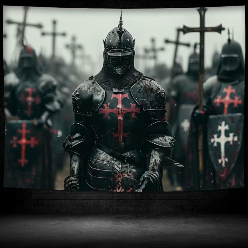 2D Medieval Knight Tapestry, Gothic Templar Warrior Wall Art for Home Decor