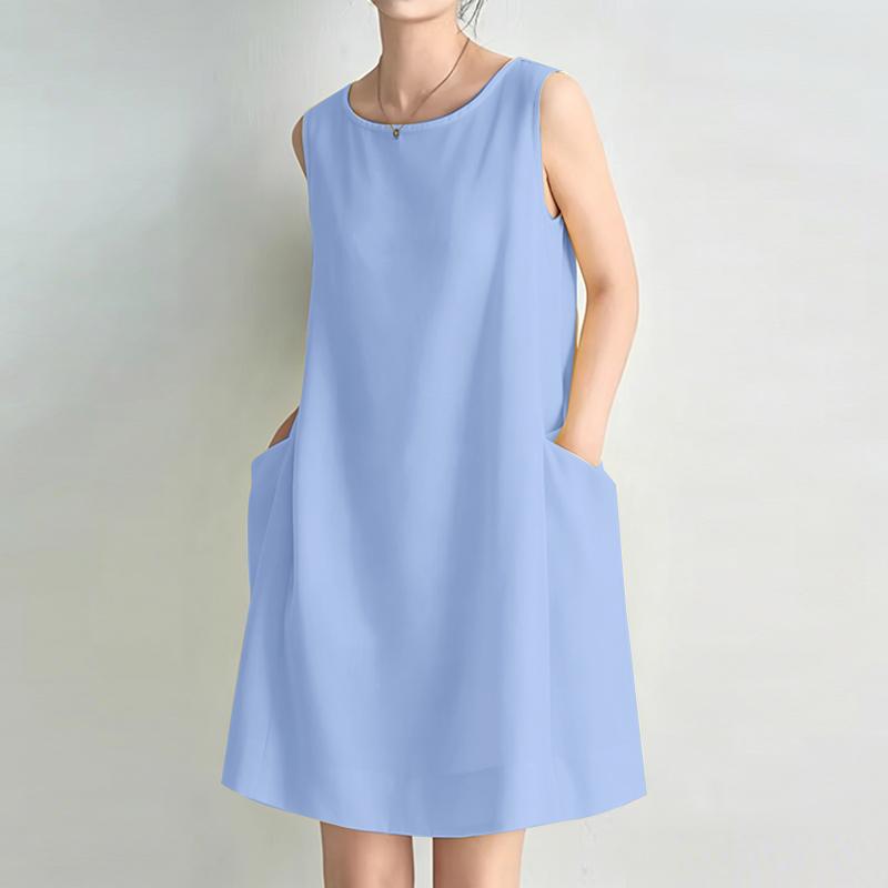 ZANZEA Women Casual Round Neck Solid Color Summer Sleeveless Dress