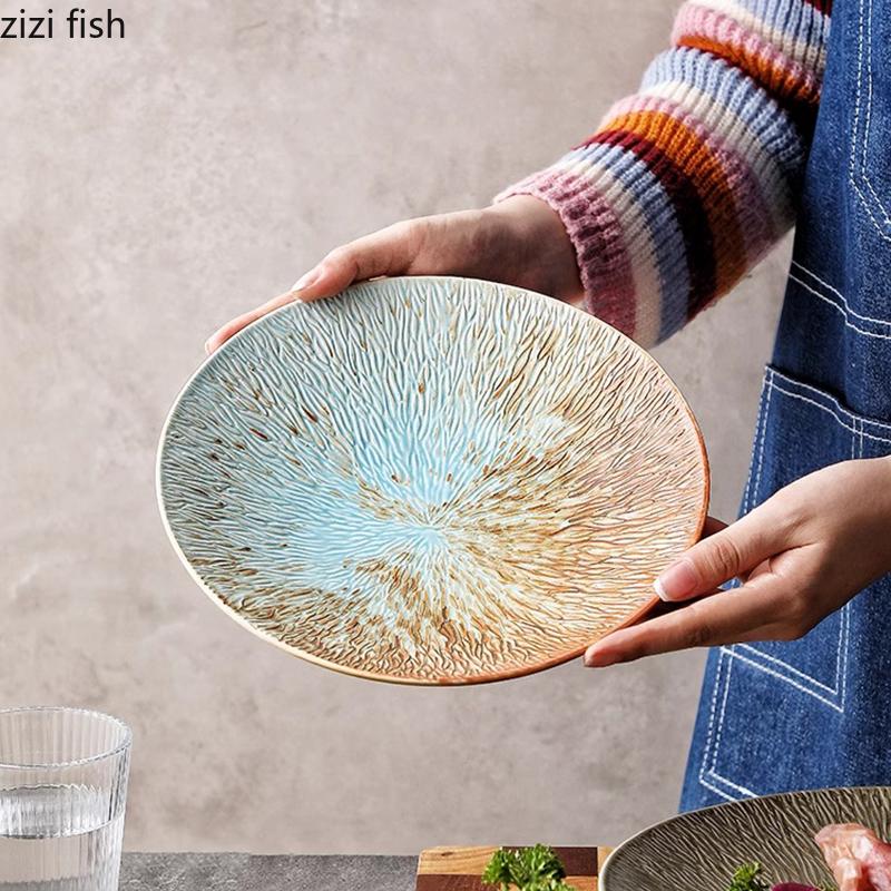 Creative Texture Ceramic Deep Plate Vintage Salad Plate Thick Soup Plate Dessert Pasta Plates RestaurantFeatured Tableware