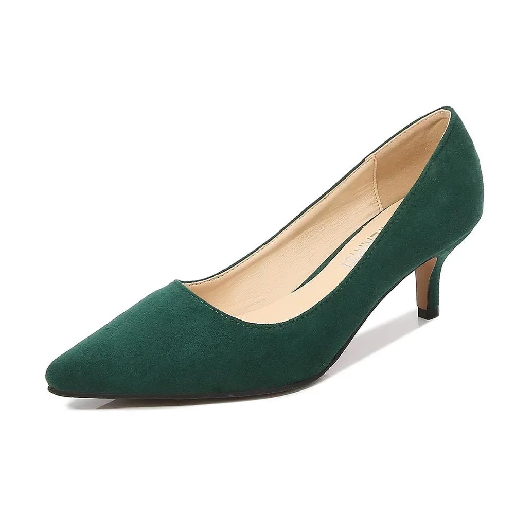Low Heel Pumps Lady Pointed Heels Female Green Flock Plus Size 46 Red Shoes 2025 Women 5cm High Heels Sexy Tacones Para Mujer