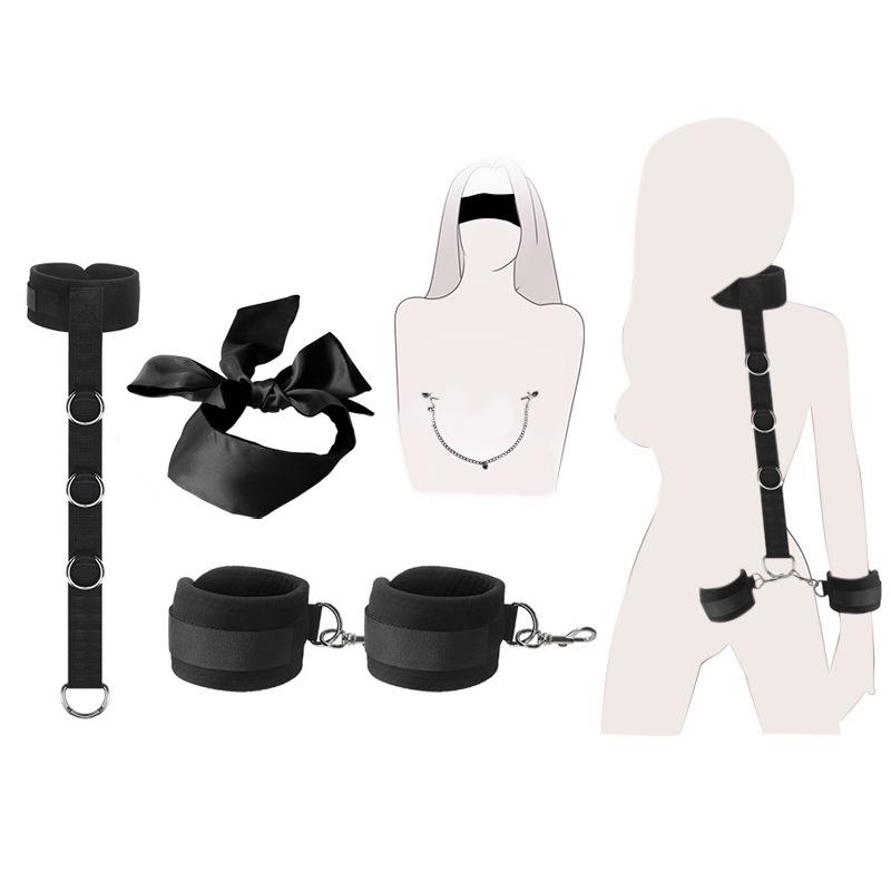 Back Handcuff Nipple Clip Eye Blinder Sex Toy Set Neck Cuffs Bra Clamp Hands Restraint Satin Blindfolder 18+ Adult Game Kit