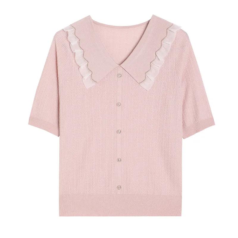 Summer Women's Ruffled Peter Pan Collar Knit Blouse Short Sleeve Button Front Slim Top