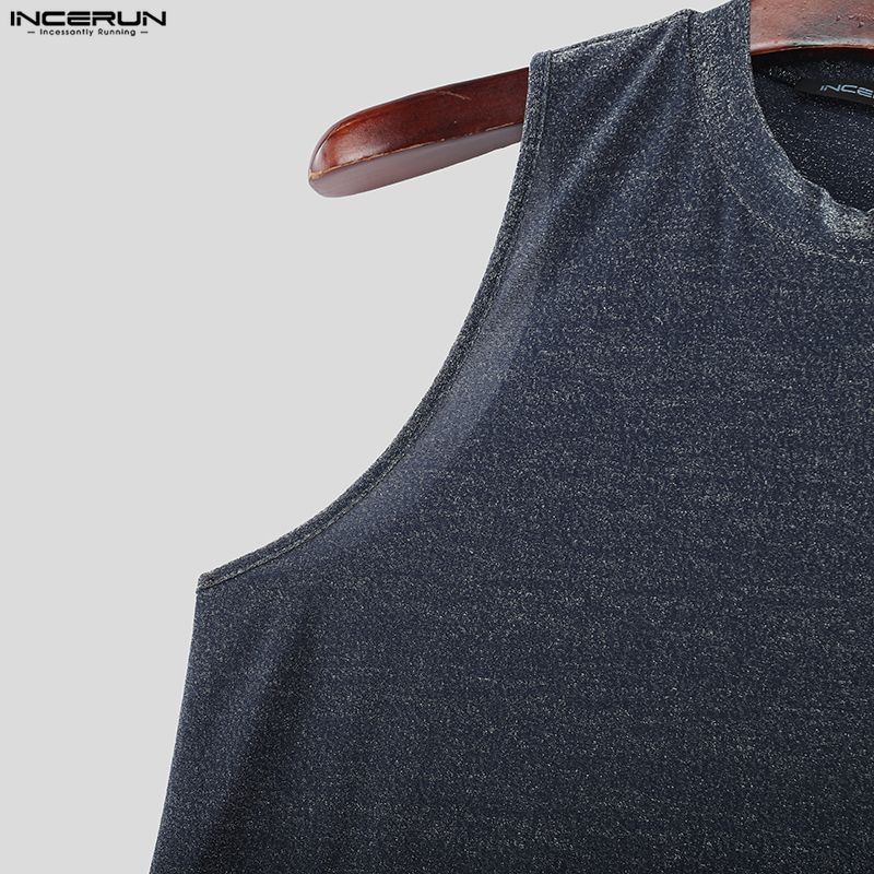 INCERUN Summer Men Mockneck Sleeveless Shiny Casual Tank Tops Vest