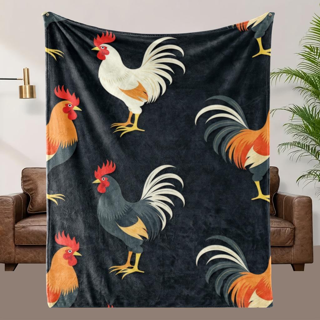 Chicken-Themed Flannel Blanket - Soft, Breathable Polyester with Vibrant Rooster & Hen Design, Perfect for All Seasons,