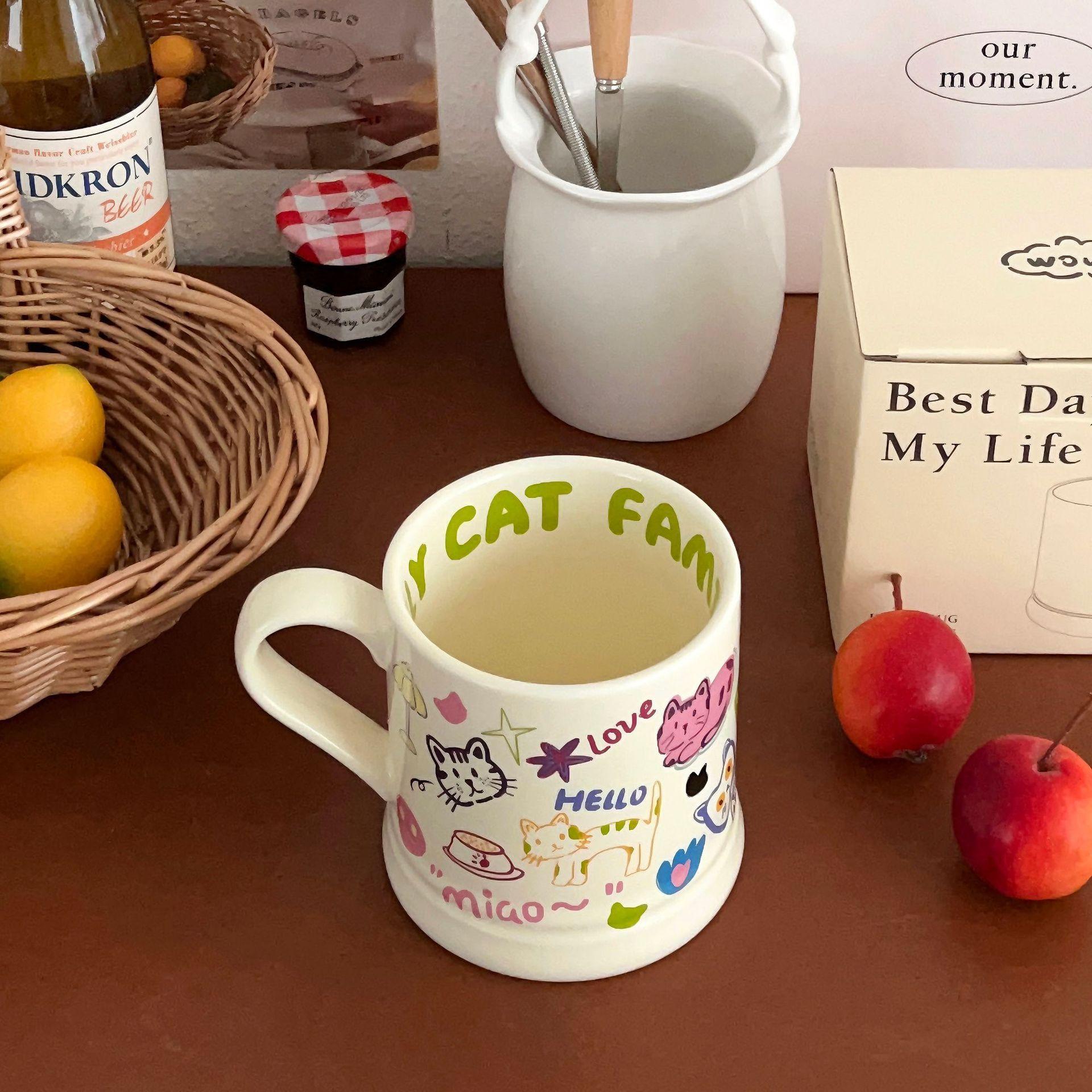 Creative Cute Cat Mug Graffiti Milk Cup Coffee Cup Household Water Cup Birthday Gift Ceramic Cup Cup 301-400ml