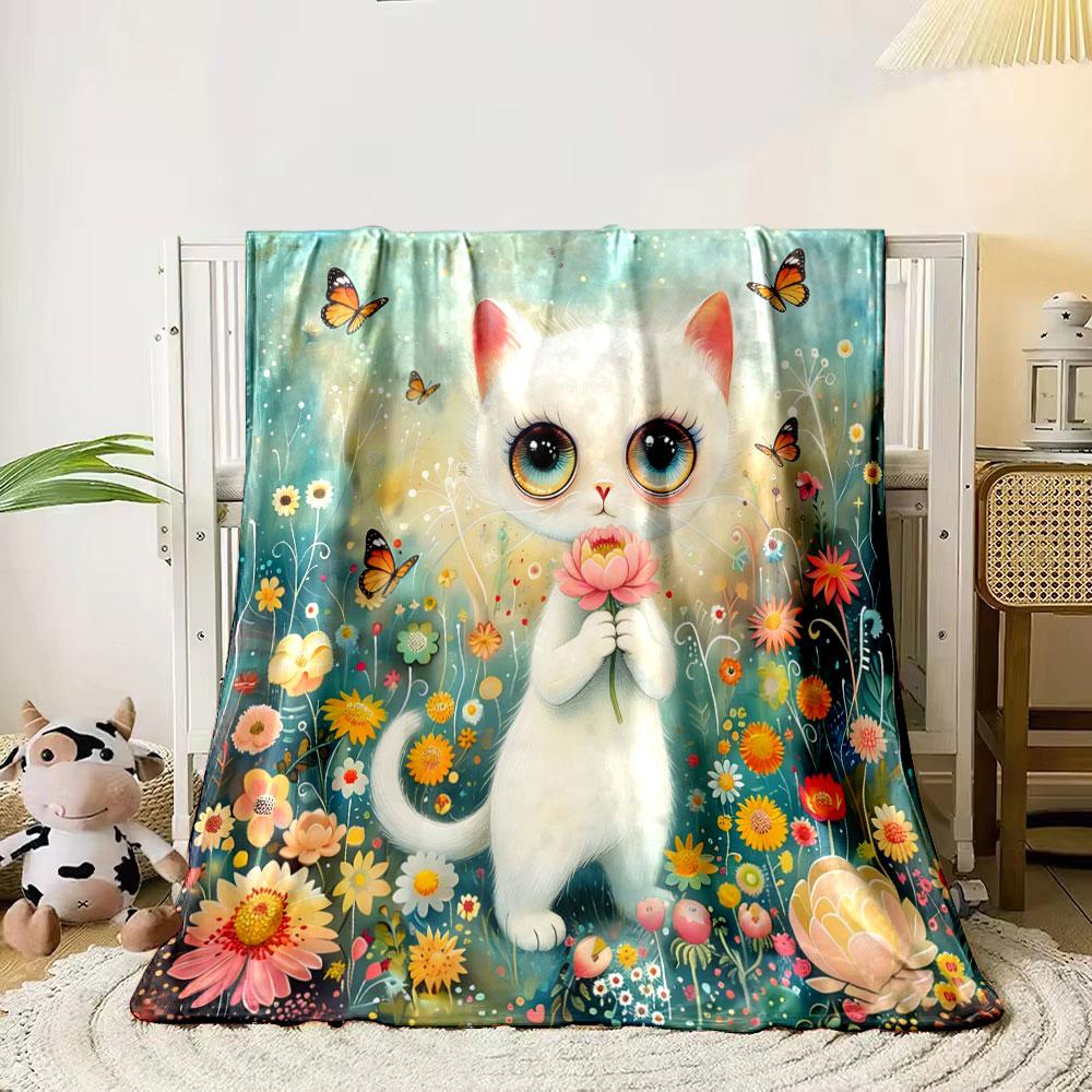 1PC Cartoon Kitten and Flower Illustration Print Warm Comfortable Blanket Home Travel Camping for Adults and Kids Luxury Gifts