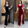 Black Evening Dress Women's High Sense Velvet Hot Diamond Niche Banquet Host Temperament Fishtail Sexy Deep V Long Dress