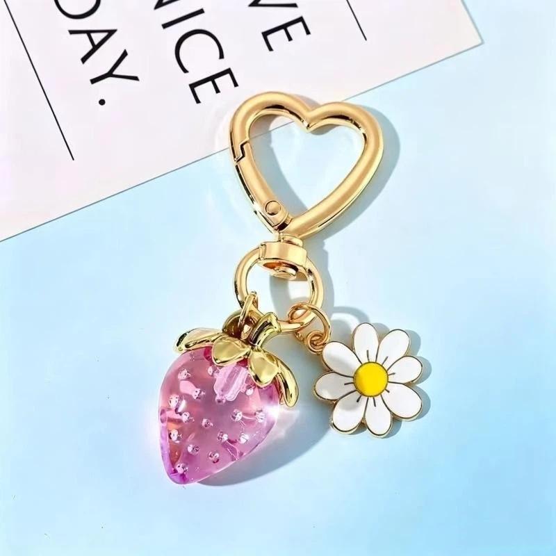 Cute Strawberry Heart Flower Keychain Bag Charms For Girls Purse Gifts Decor Accessories