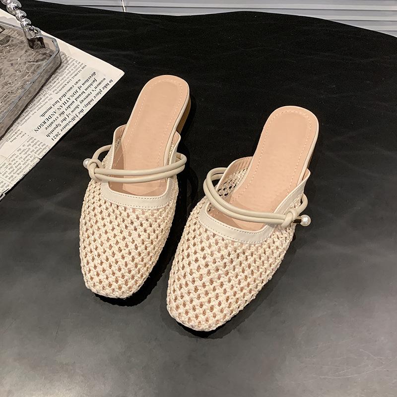Holiday Style Retro Woven Bag Head Mop Wear 2025 Summer New One-word with Wedge Heel Bag Head Cool Slippers