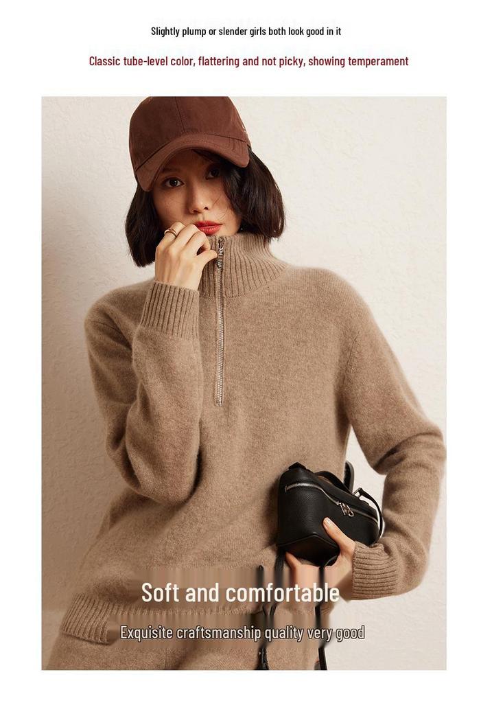 Women's Cashmere Half-Zip Hoodie Sweater - 2024 Autumn/Winter Collection