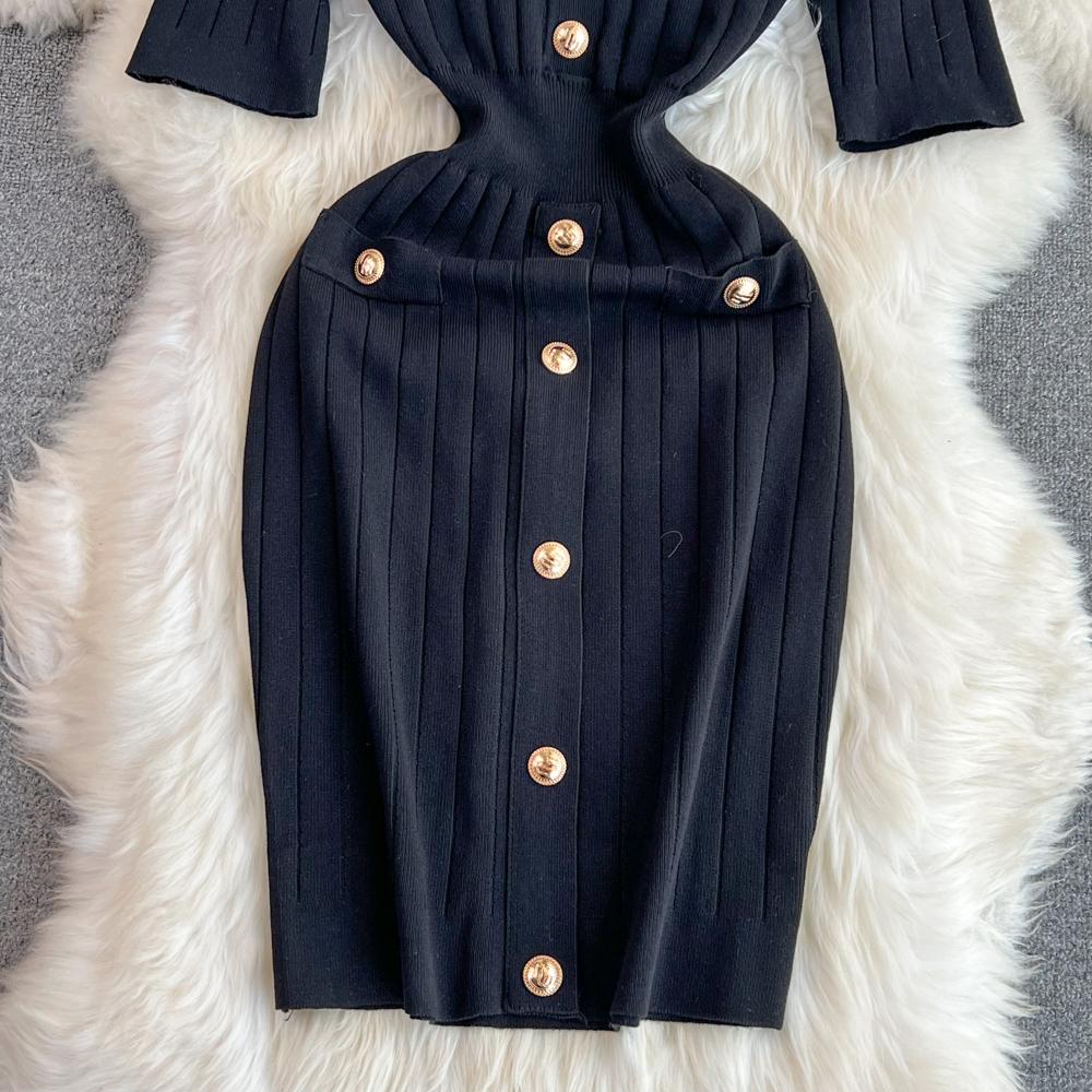 New Summer Women Lapel Knitted Sweater Solid Dress Short Sleeve Sheath Bodycon Mini Party Dresses