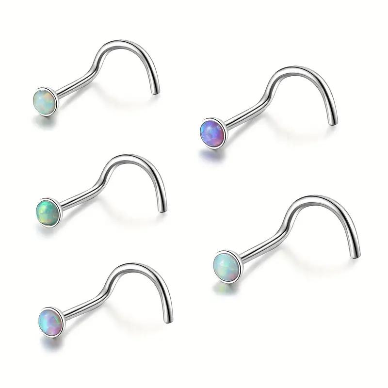 5pcs Opal Nose Studs 20 Gauge 6mm Surgical Steel Nose Ring Piercing Studs Set for Women Men 7mm Bar Length 2mm Opal Nose Screw Studs серебряный