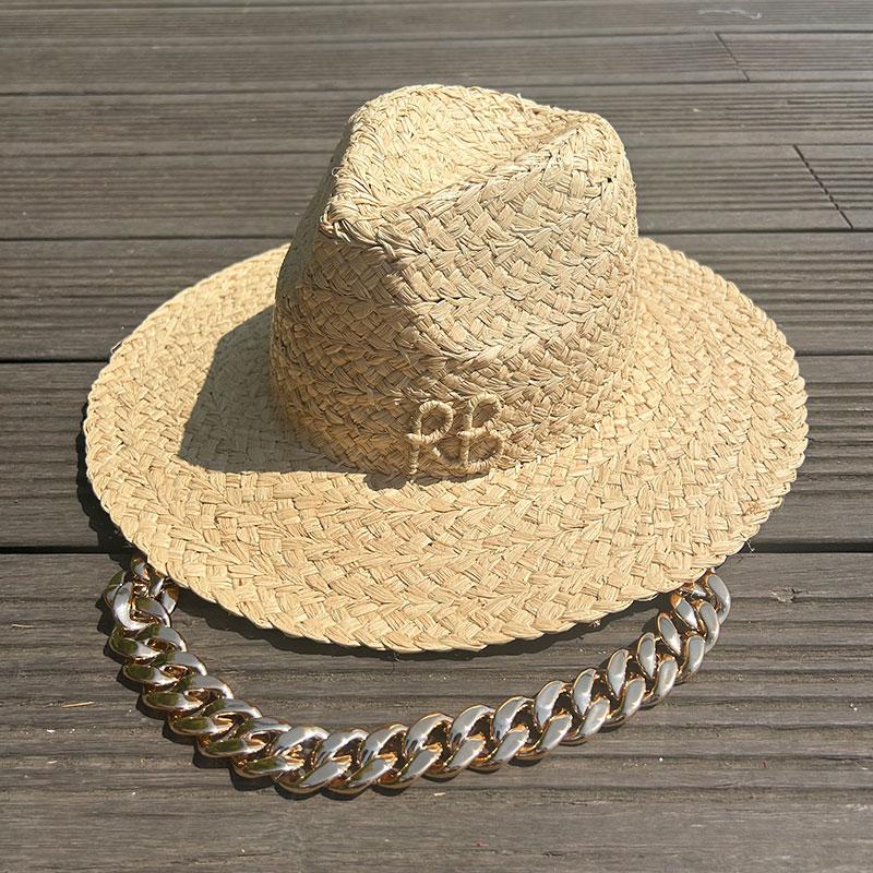 Summer Raffia Straw Hat Designer Customization DIY Beach Hat New English Letter Sun Hat Ladies Jazz Hat Metal Chain Casual Cap