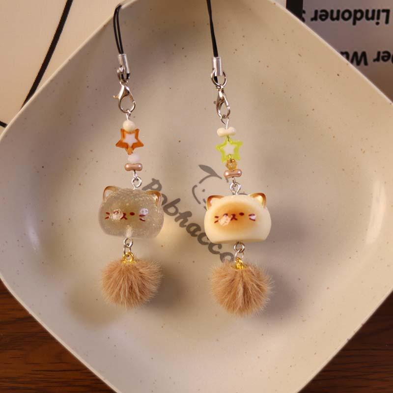 Cute Fluffy Cat Phone Charm with Pompom Tail 3D Kitten Keychain Bag Pendant Creative Cartoon for Girls