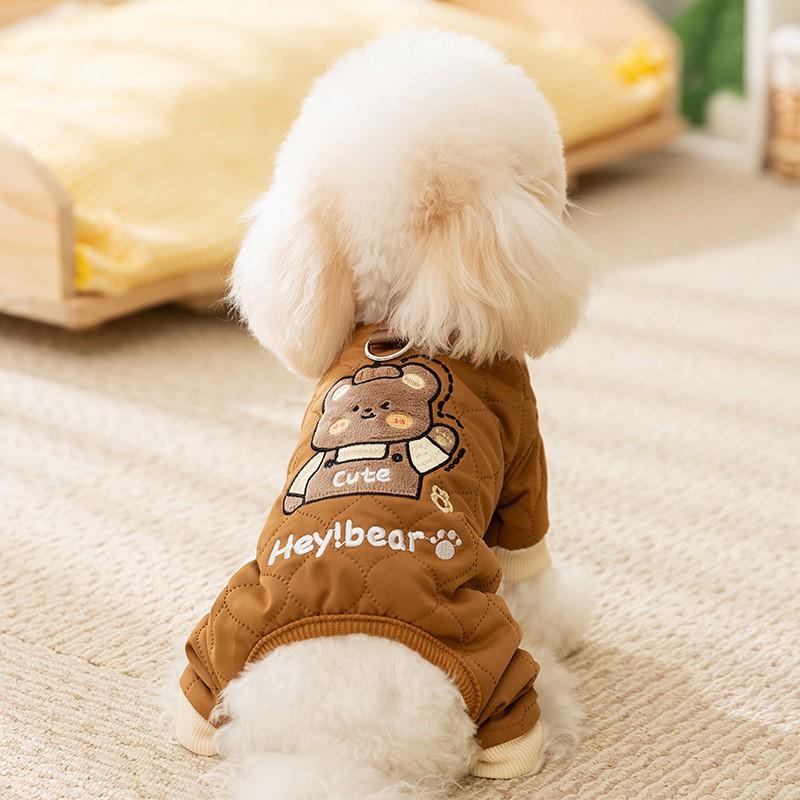 Warm Winter Dog Coat Small Medium Breeds - Bear Print Quilted 4-Leg Harness-Compatible Jacket In Brown Green