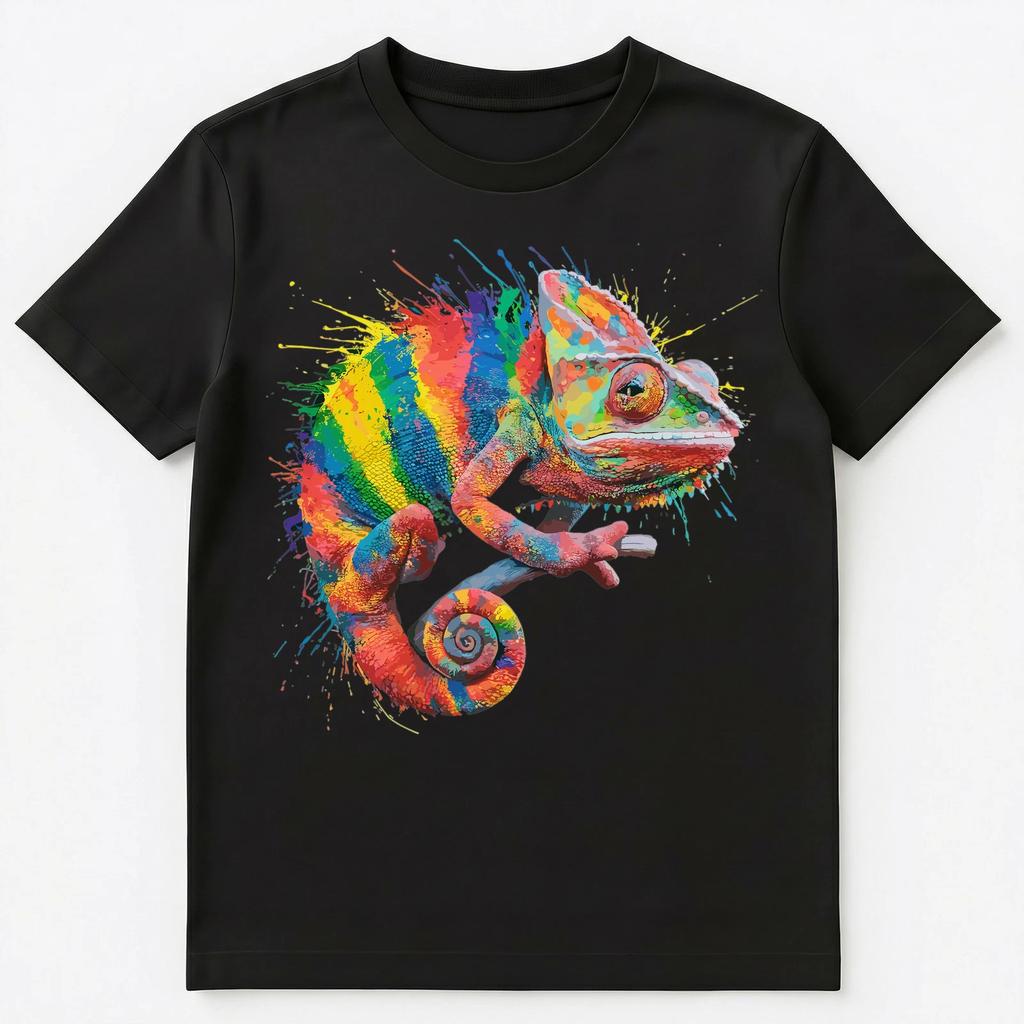 Bunter Farbspritzer Großes Chamäleon Kunst Grafik Unisex T-Shirt Oberteile T-Shirts Unisex