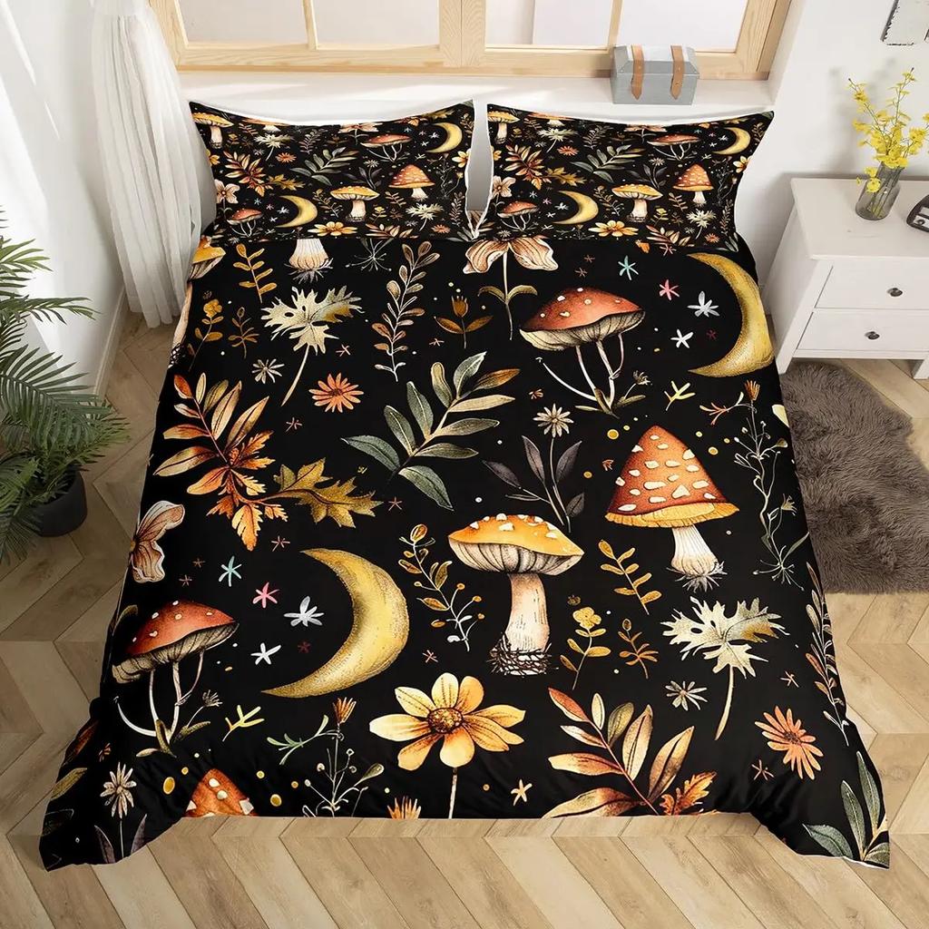 Comforter Cute Mushroom Bedding Set King Queen Size Botanical Comforter Wild Fungus Colorful Plants Leaves