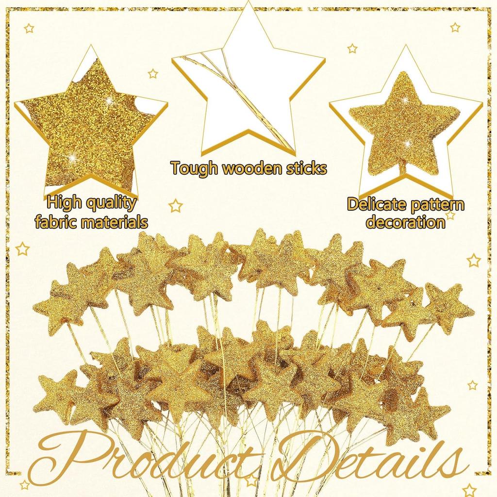 24 Pcs Glitter Star Picks 14.5 Inch Sparkly Star Stem Christmas Star Tree Picks Twinkle Star Sticks Foam Vase Decoration for Christmas Birthday Party