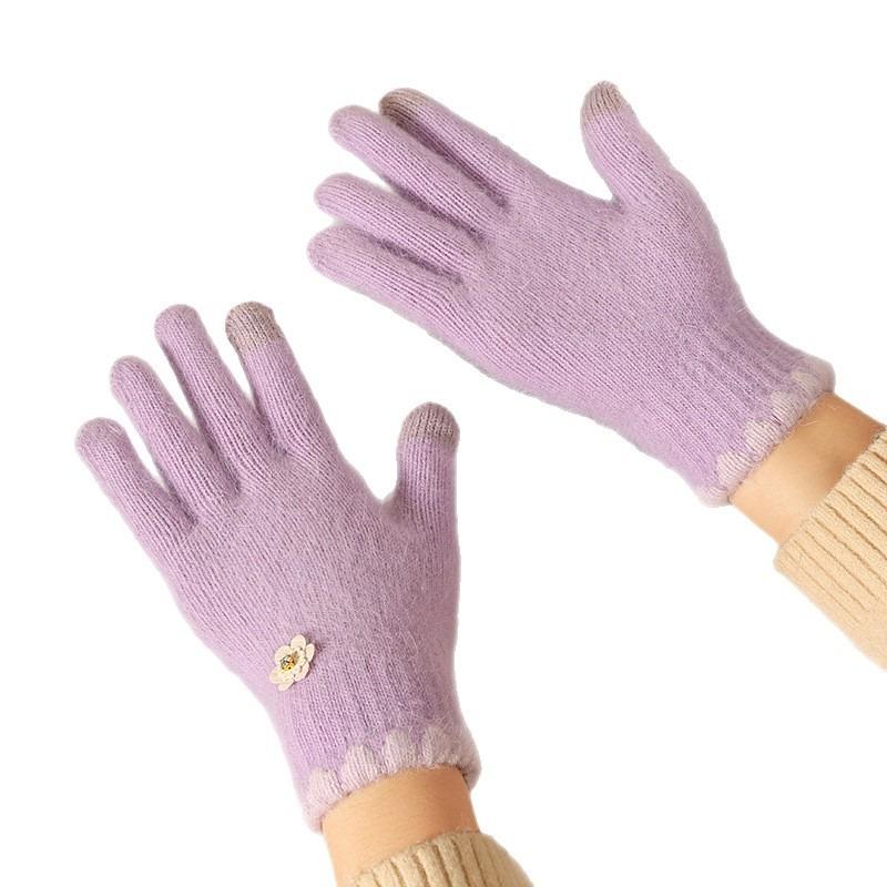 Finger gloves winter women's new thickened warm solid color cute student cycling cold-proof wool gloves women
