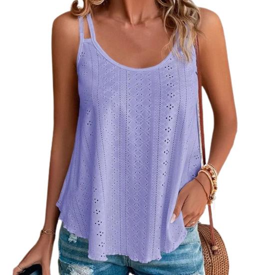 Kvinnor sommarväst med rund hals ärmlös ihåliga dubbla remmar Lösa dagligt slitage Enfärgad rynkning Kvinnor sommartopp damkläder