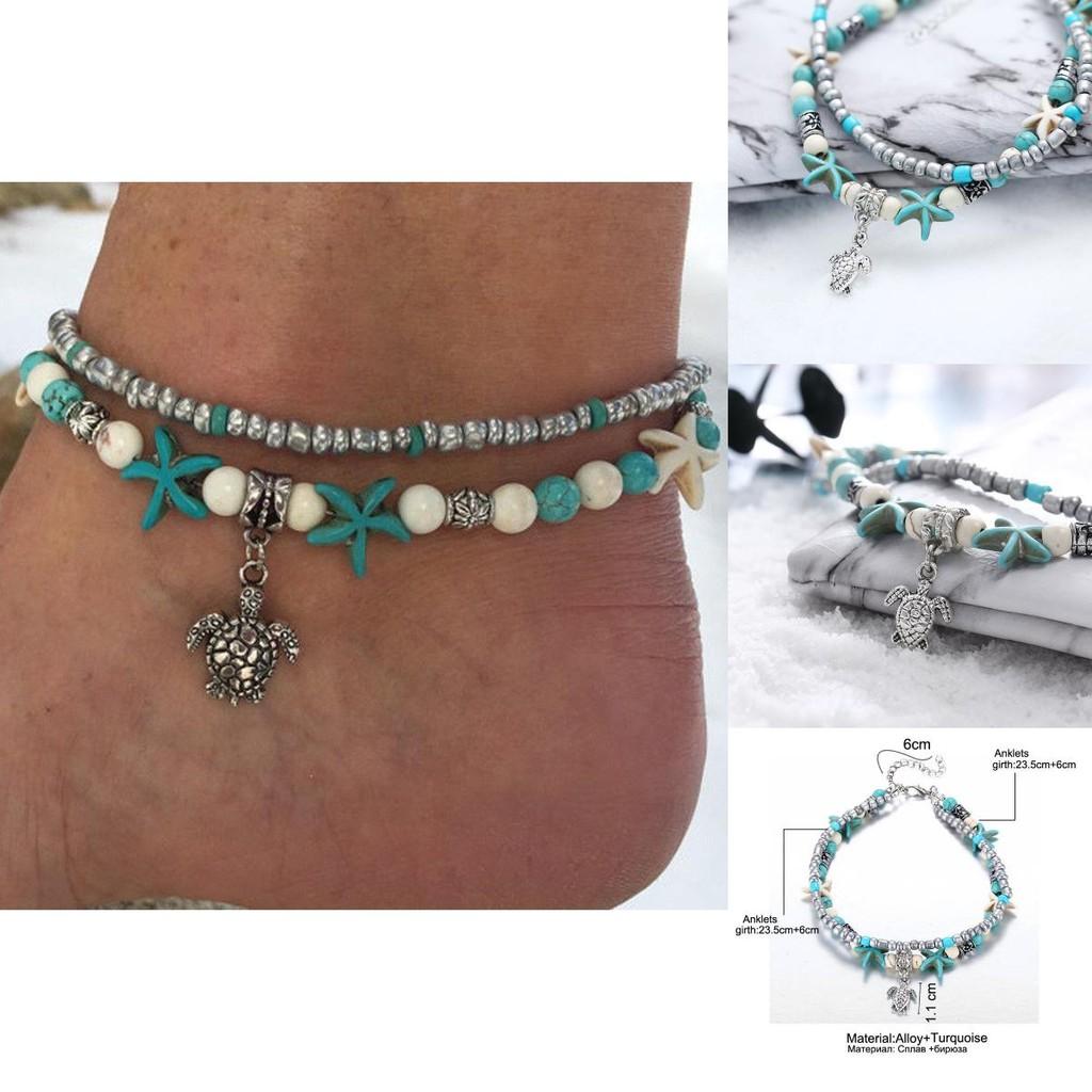Vintage Blue Starfish Shell Anklet Beach Turtle Anklet Vacation Rice Bead Anklet