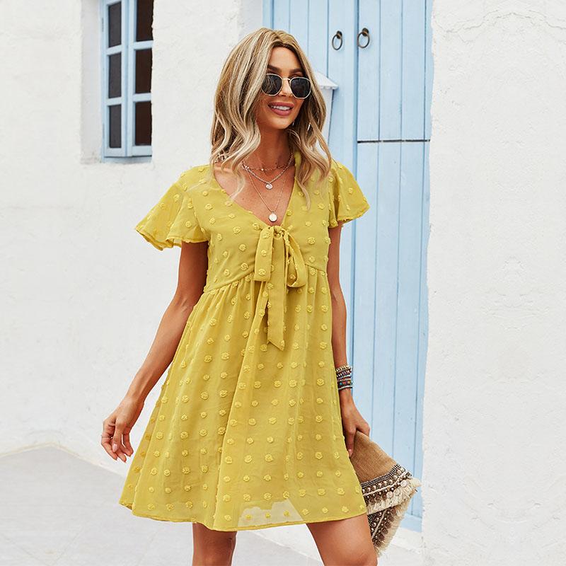

Лето-осеннее однотонное короткое платье женское повседневное с v-образным вырезом и короткими рукавами-бабочками, бандажное, с высокой талией, S-XL M жёлтый