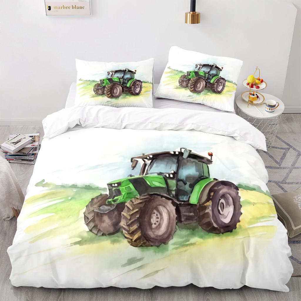 Cartoon Tractor King Queen Duvet Cover Watercolor Style Excavator Bedding Set For Kids Machinery Bulldozer Polyester Quilt Cover