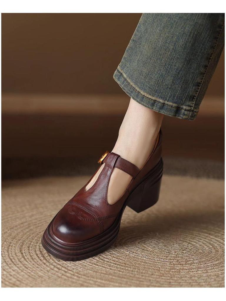2025 Retro T-Strap Chunky Heel Mary Jane Women's Black Platform Shoes