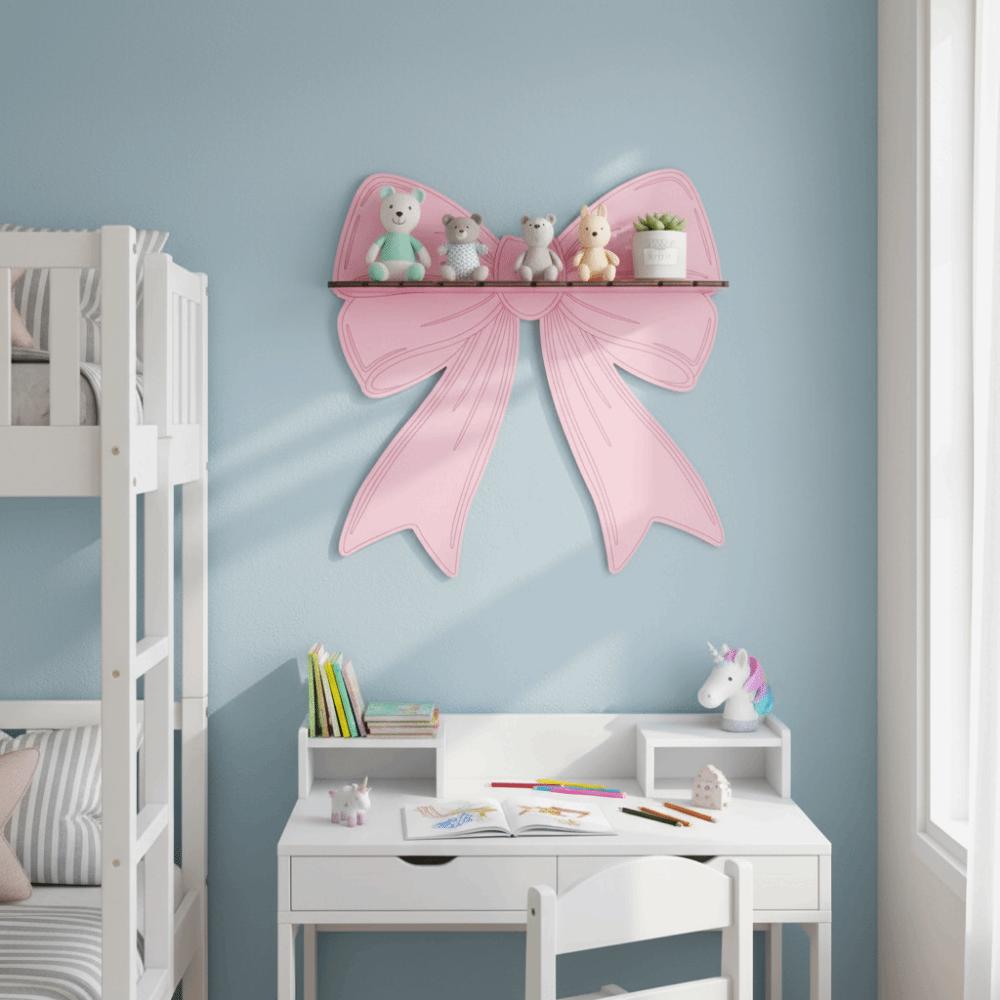 Pink Bow Wall Mounted Shelf Wooden Holder Wood Storage Rack Wall Storage Holder  Girls Room