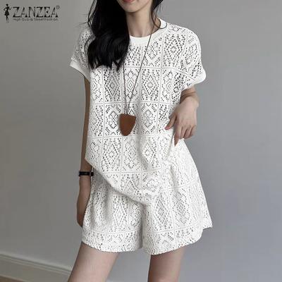 Women Short Sleeve Blouse and Shorts Lace Crochet Patchwork Two Piece Suit Sets