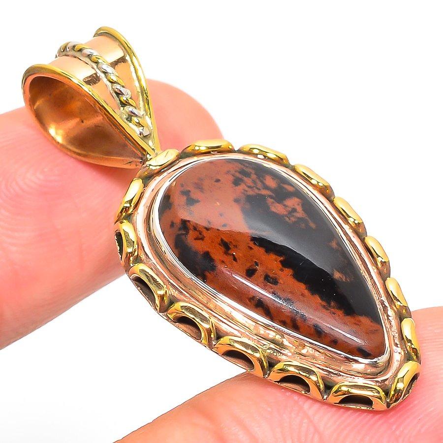 Natural Mahogany Obsidian Two Tone 925 Solid Sterling Silver Pendant 1.75'' A3W39