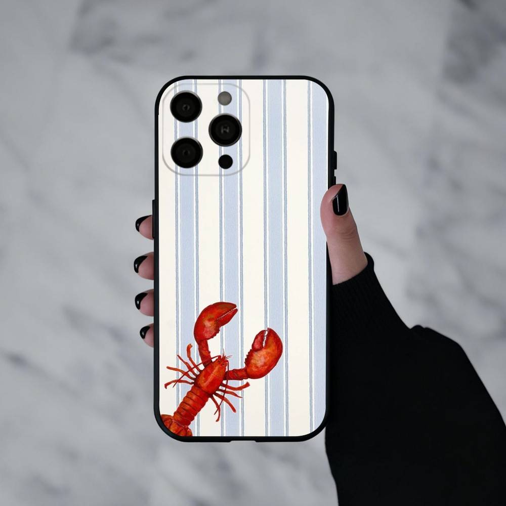 L-Lobster On S-Stripes Ocean Phone Case For iPhone 17pro,16,15,14,13,12,11 Plus,Pro Max,XS,Soft Silicone Black Cover