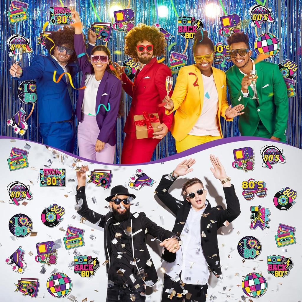 Seajan 60 Pcs Back To The 80s Party Decoration Retro 1980s Hip Hop Cutouts Radio Roller Skating Cassette Tape Cutouts Throwback Birthday Party Neon