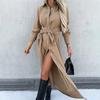 Women's Cotton Button Down Maxi T-shirt Dress Casual Long Sleeve Lapel Collared Long Dress Lace Up Waist Ladies Robes